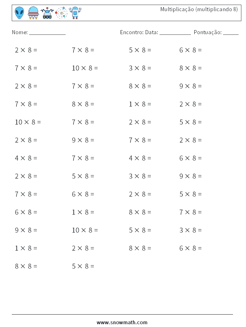 (50) Multiplicação (multiplicando 8) planilhas matemáticas 3