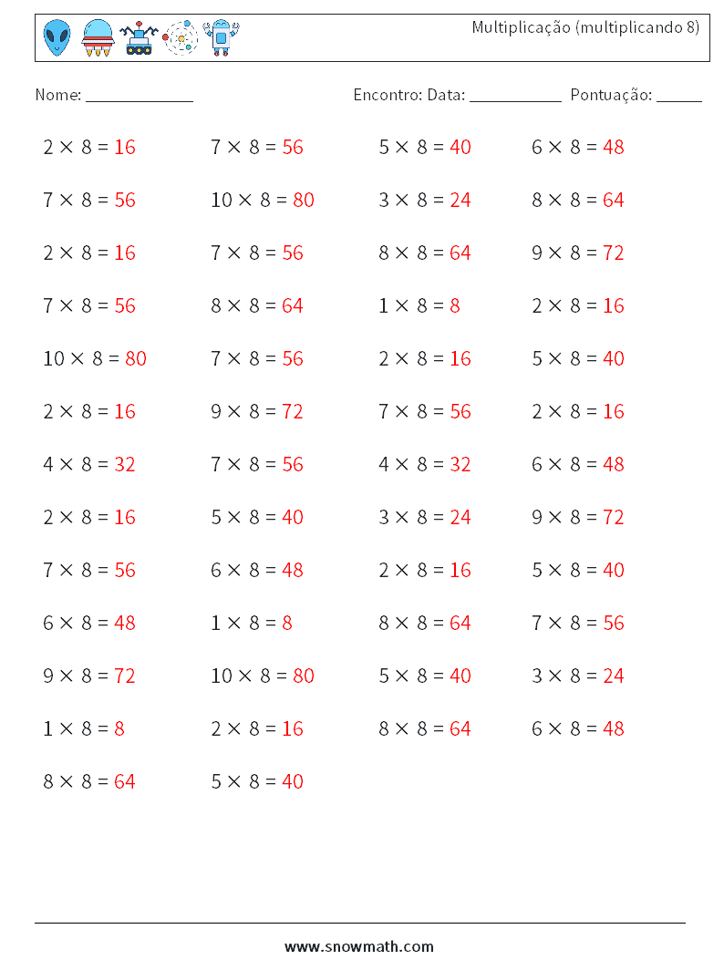 (50) Multiplicação (multiplicando 8) planilhas matemáticas 3 Pergunta, Resposta