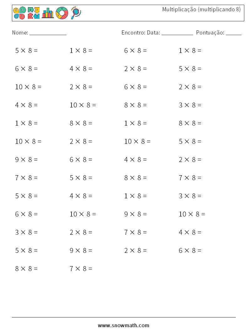 (50) Multiplicação (multiplicando 8) planilhas matemáticas 4