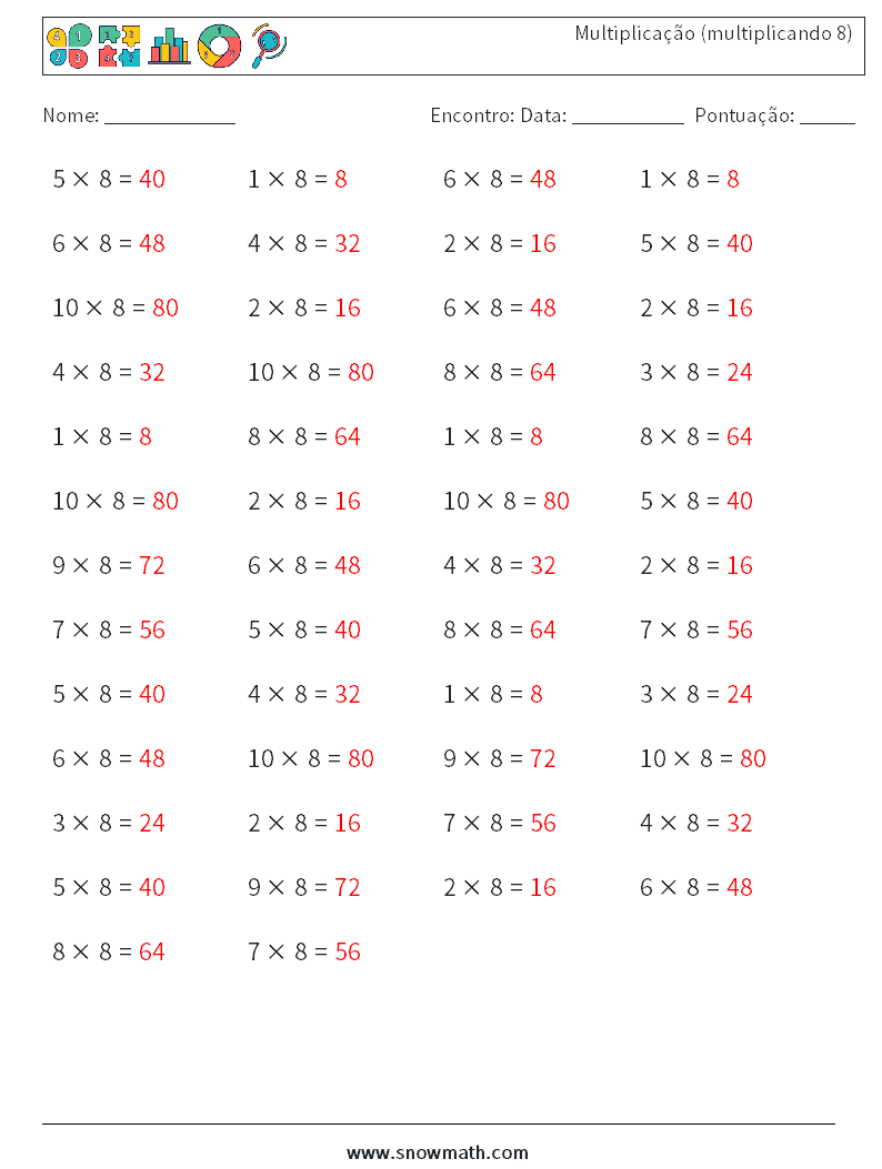 (50) Multiplicação (multiplicando 8) planilhas matemáticas 4 Pergunta, Resposta