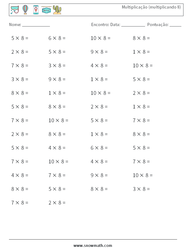 (50) Multiplicação (multiplicando 8) planilhas matemáticas 5