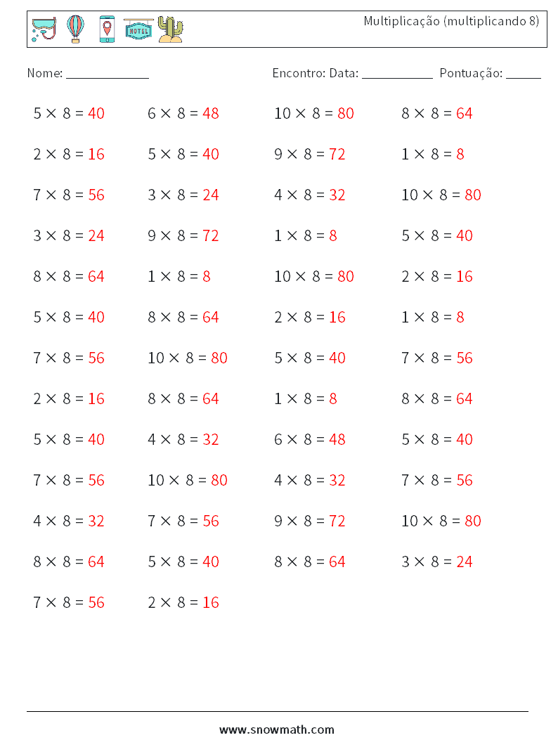 (50) Multiplicação (multiplicando 8) planilhas matemáticas 5 Pergunta, Resposta