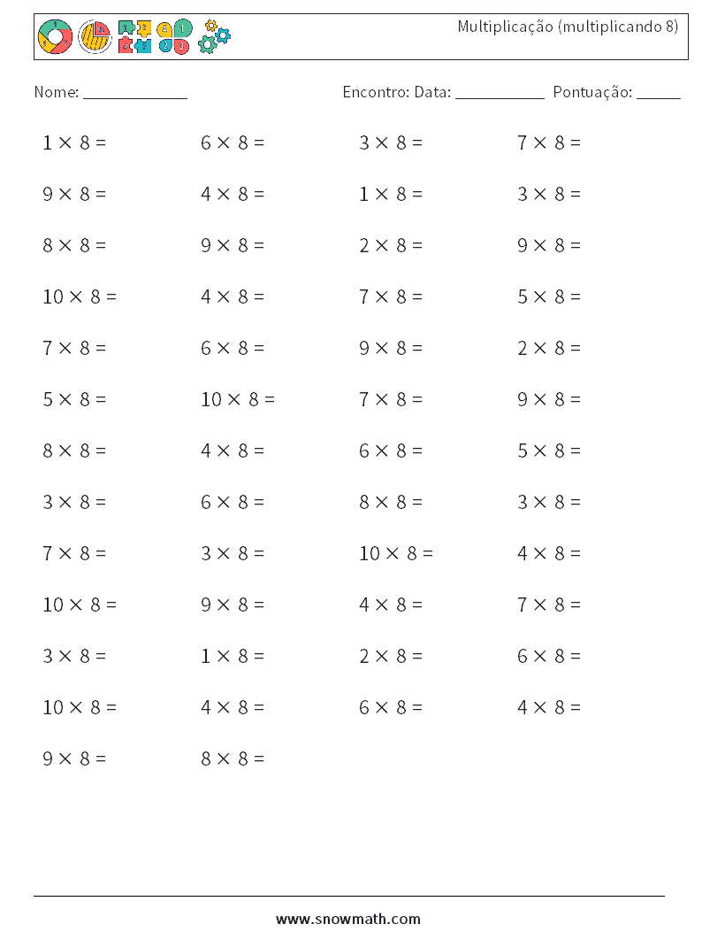 (50) Multiplicação (multiplicando 8) planilhas matemáticas 6
