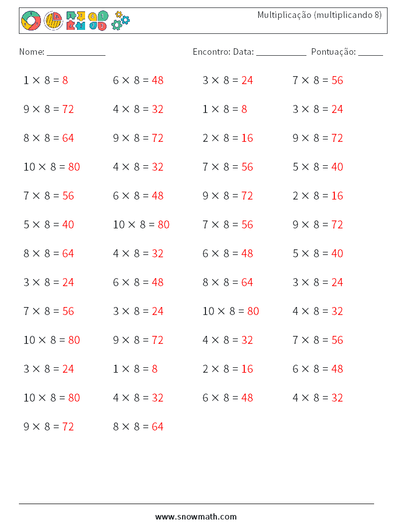 (50) Multiplicação (multiplicando 8) planilhas matemáticas 6 Pergunta, Resposta