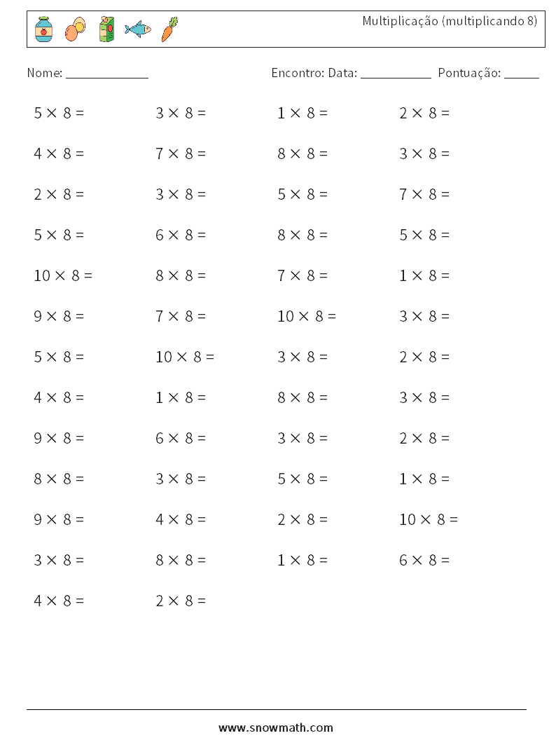 (50) Multiplicação (multiplicando 8) planilhas matemáticas 7