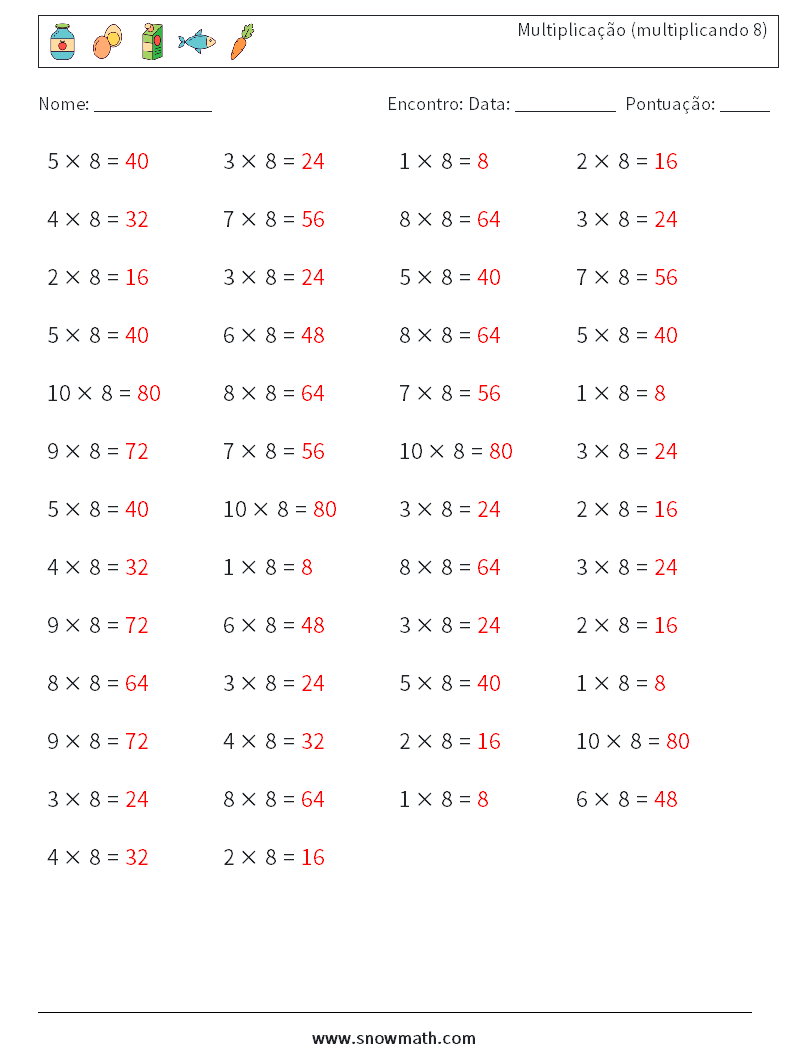 (50) Multiplicação (multiplicando 8) planilhas matemáticas 7 Pergunta, Resposta