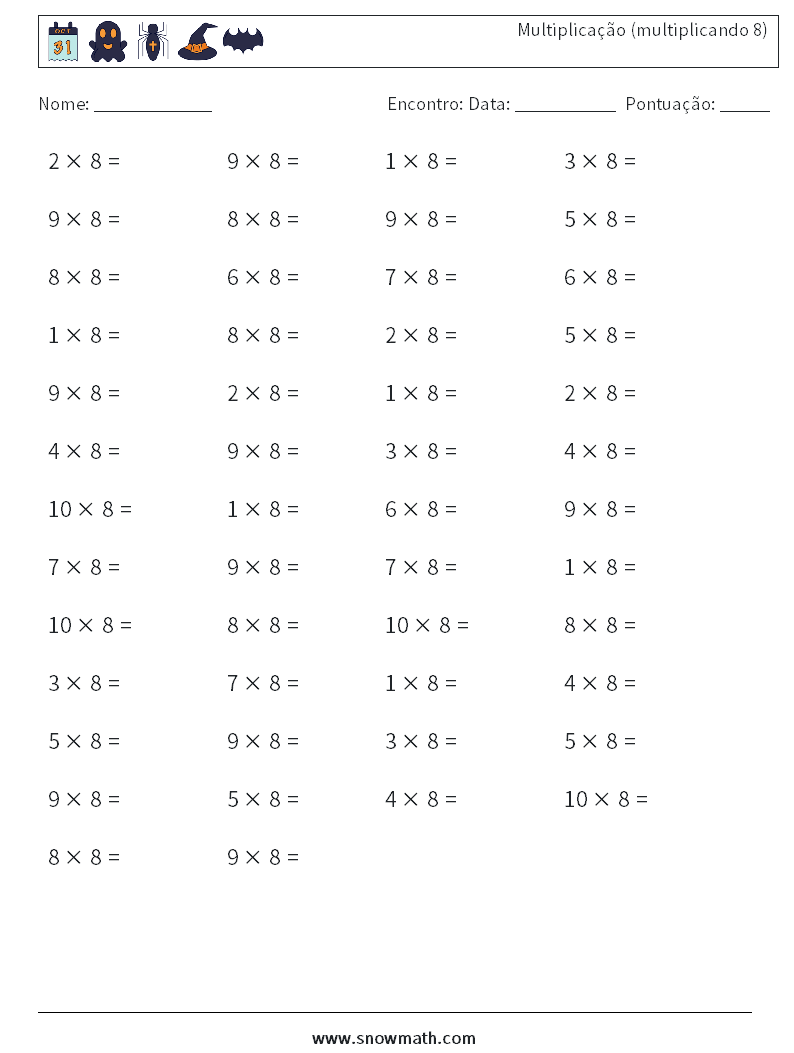 (50) Multiplicação (multiplicando 8) planilhas matemáticas 8