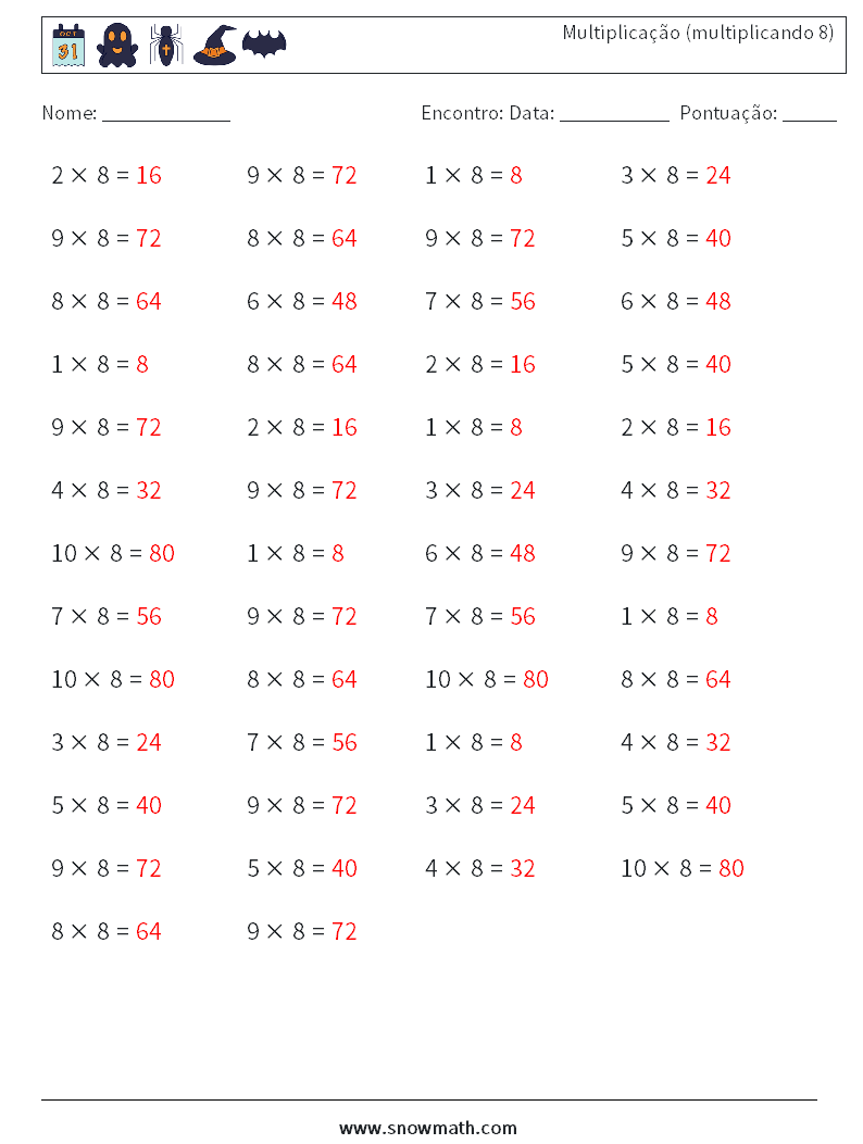 (50) Multiplicação (multiplicando 8) planilhas matemáticas 8 Pergunta, Resposta