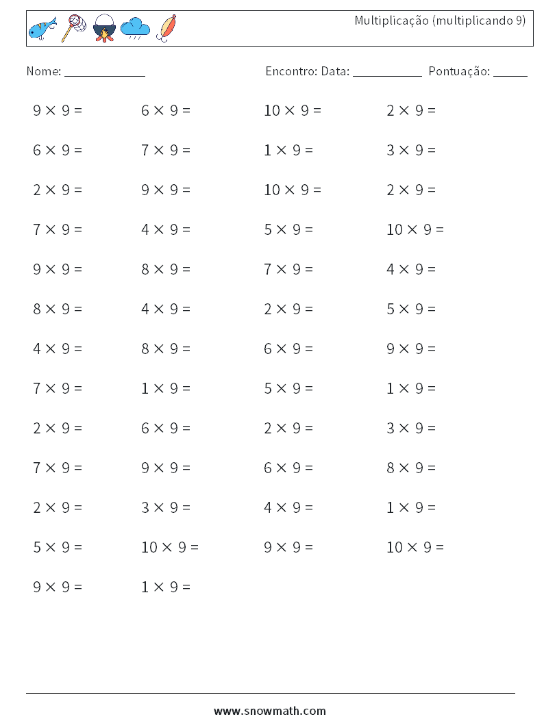 (50) Multiplicação (multiplicando 9) planilhas matemáticas 1