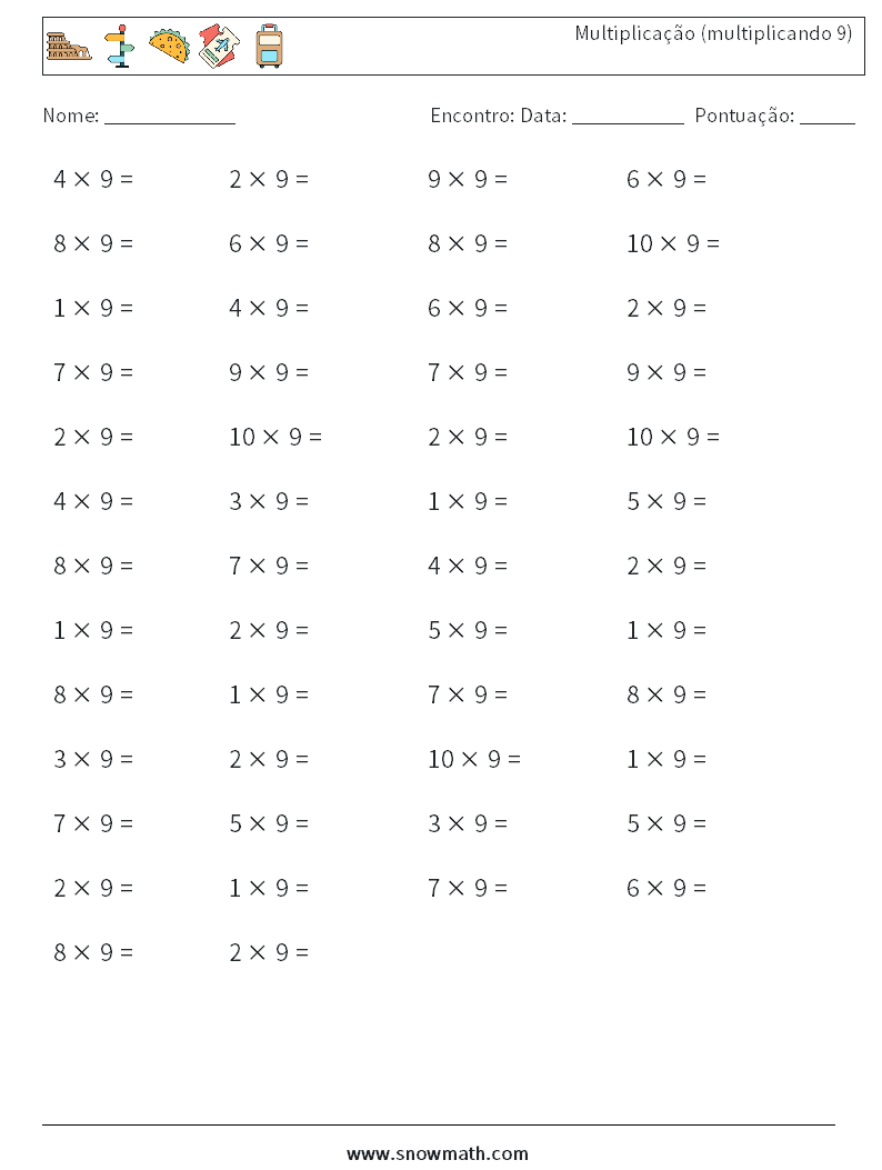 (50) Multiplicação (multiplicando 9) planilhas matemáticas 6