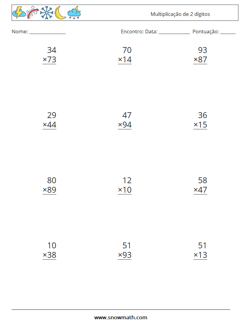 (12) Multiplicação de 2 dígitos planilhas matemáticas 10