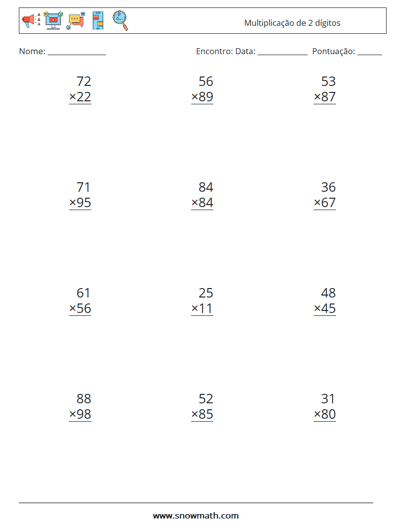 (12) Multiplicação de 2 dígitos planilhas matemáticas 11