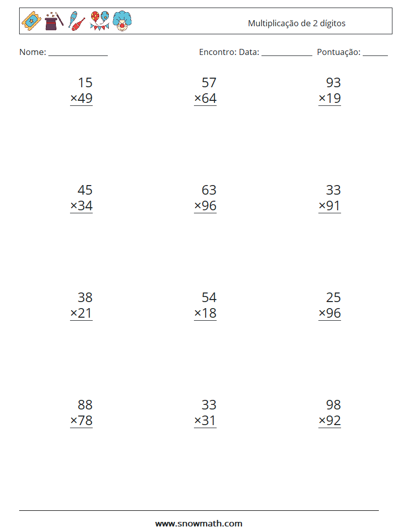 (12) Multiplicação de 2 dígitos planilhas matemáticas 13