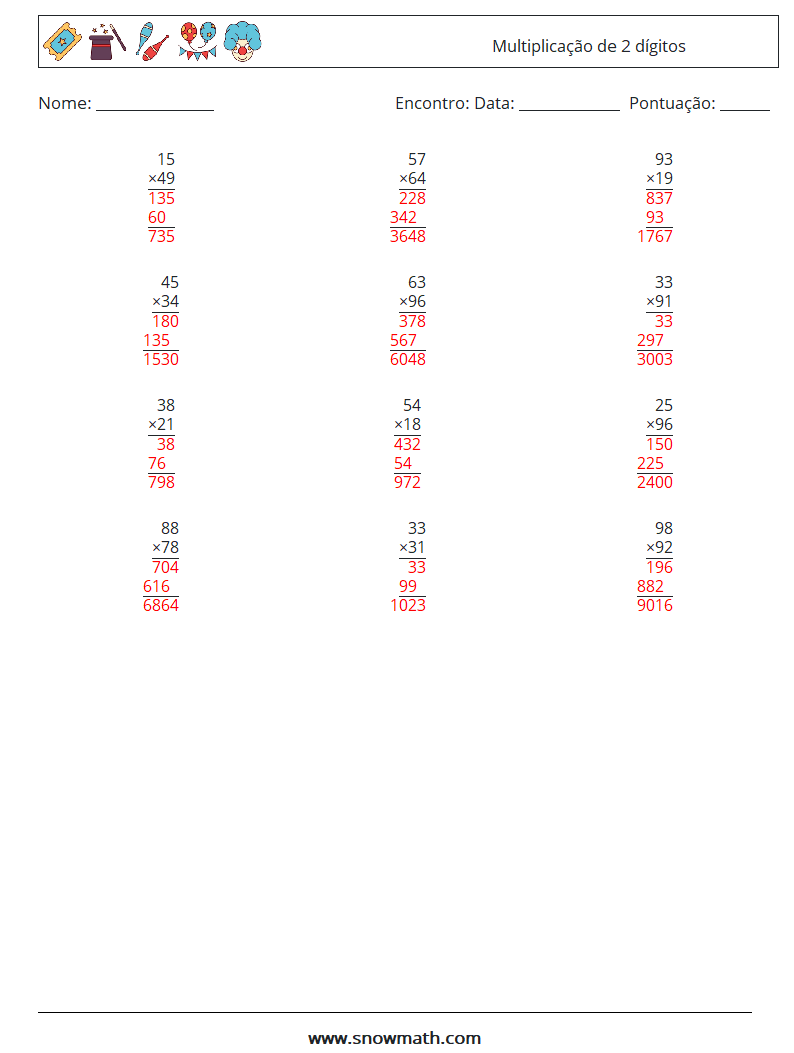 (12) Multiplicação de 2 dígitos planilhas matemáticas 13 Pergunta, Resposta