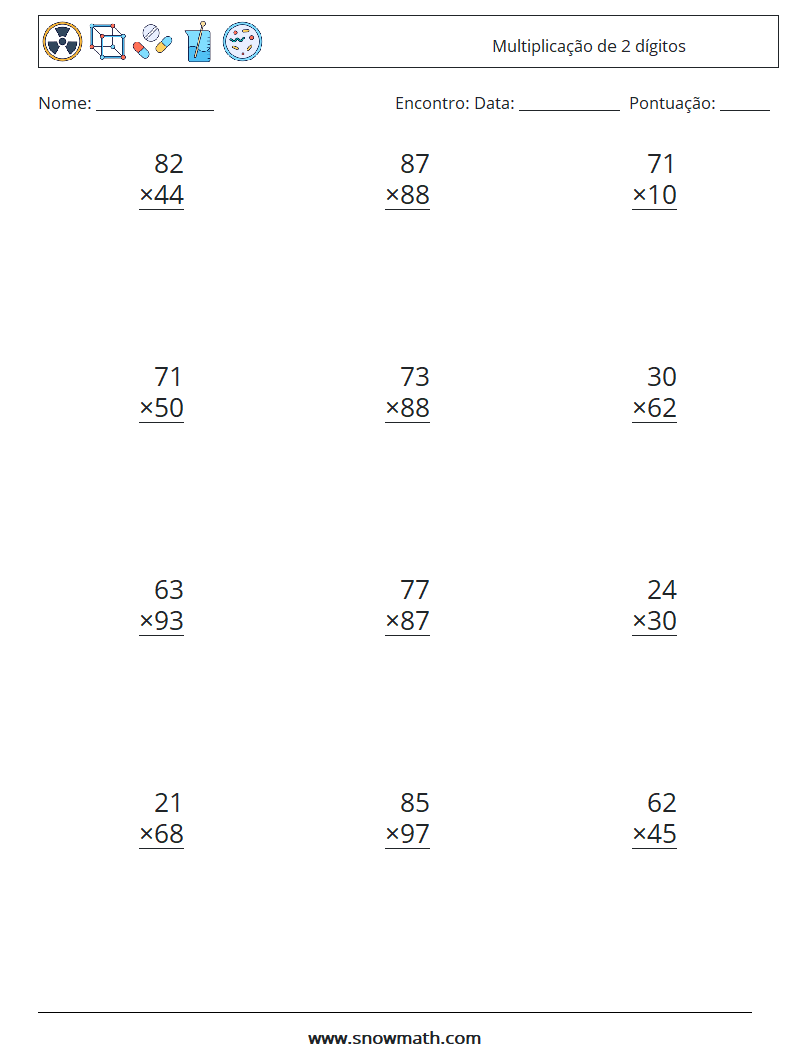(12) Multiplicação de 2 dígitos planilhas matemáticas 14