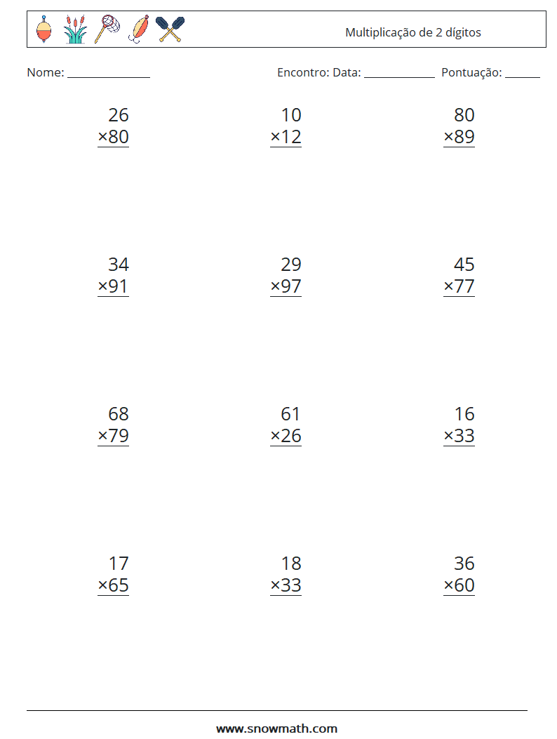 (12) Multiplicação de 2 dígitos planilhas matemáticas 16