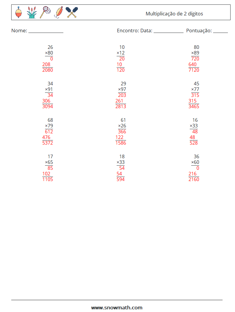 (12) Multiplicação de 2 dígitos planilhas matemáticas 16 Pergunta, Resposta