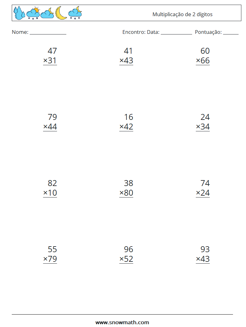 (12) Multiplicação de 2 dígitos planilhas matemáticas 2