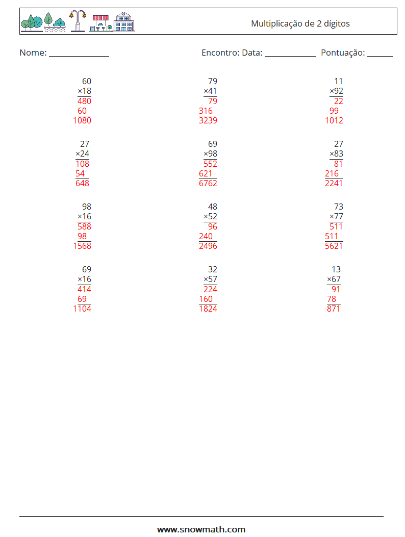 (12) Multiplicação de 2 dígitos planilhas matemáticas 3 Pergunta, Resposta