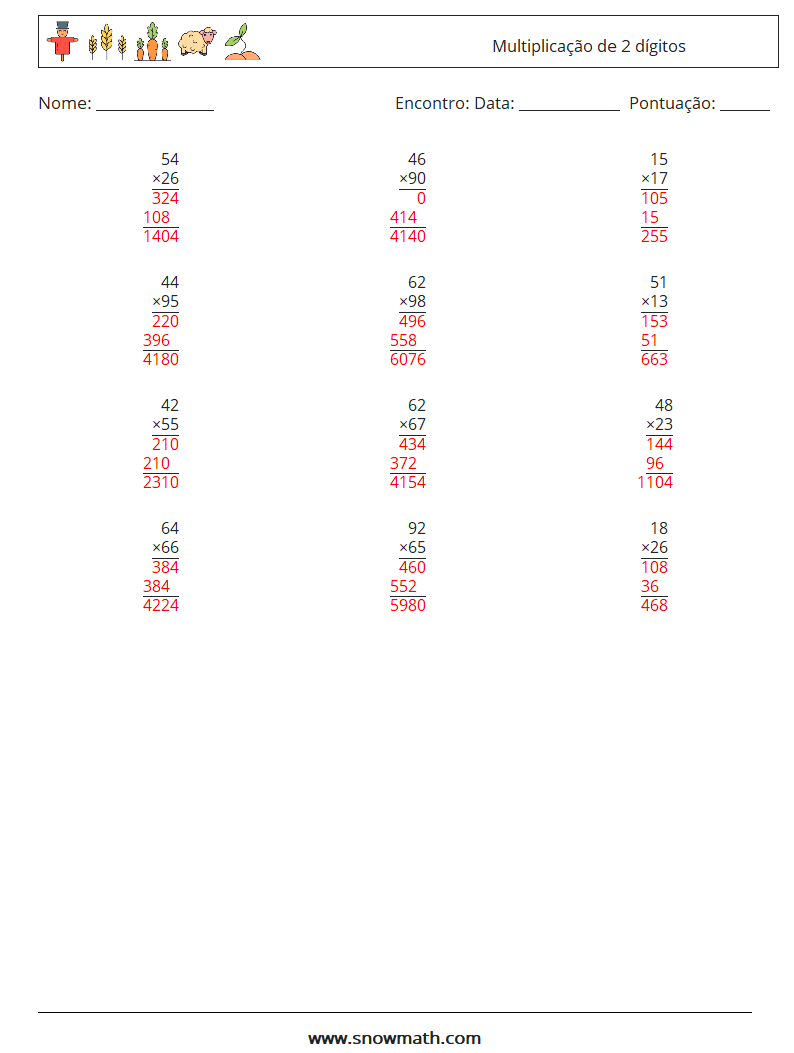 (12) Multiplicação de 2 dígitos planilhas matemáticas 4 Pergunta, Resposta