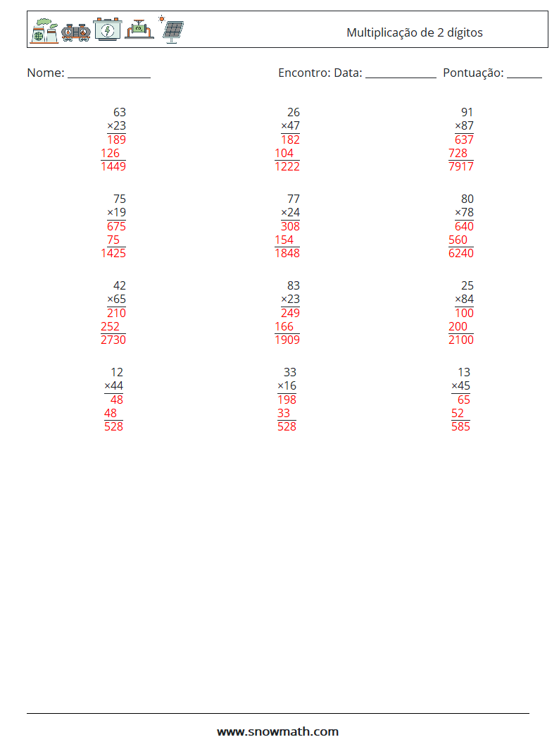 (12) Multiplicação de 2 dígitos planilhas matemáticas 5 Pergunta, Resposta