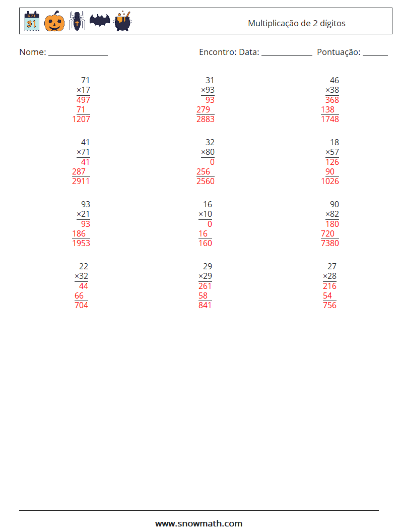 (12) Multiplicação de 2 dígitos planilhas matemáticas 7 Pergunta, Resposta