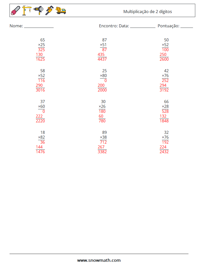 (12) Multiplicação de 2 dígitos planilhas matemáticas 8 Pergunta, Resposta