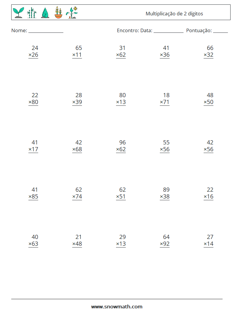 (25) Multiplicação de 2 dígitos planilhas matemáticas 1