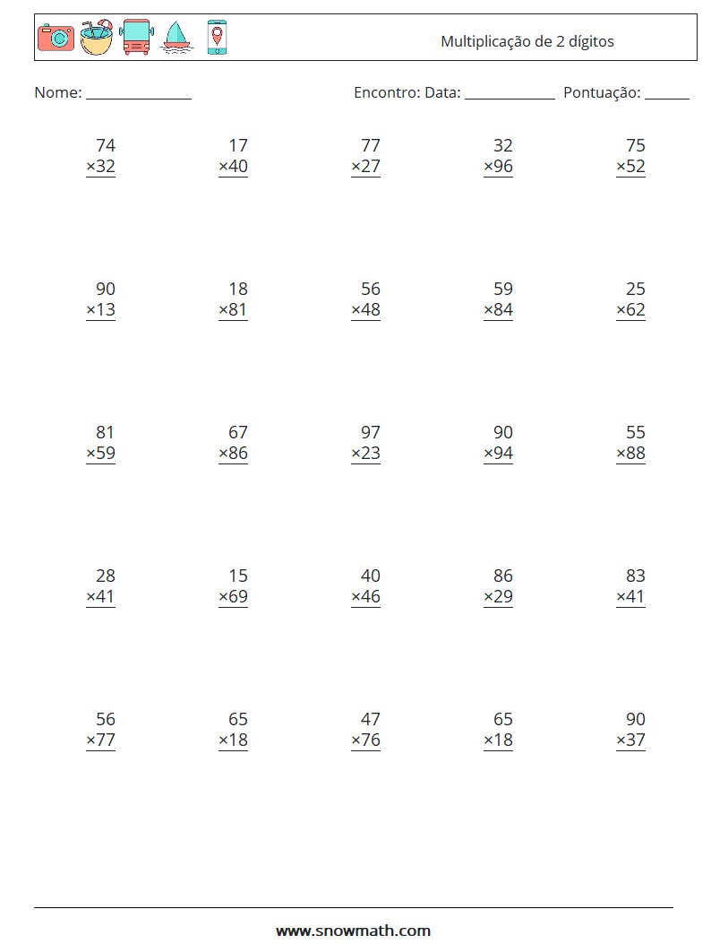 (25) Multiplicação de 2 dígitos planilhas matemáticas 10