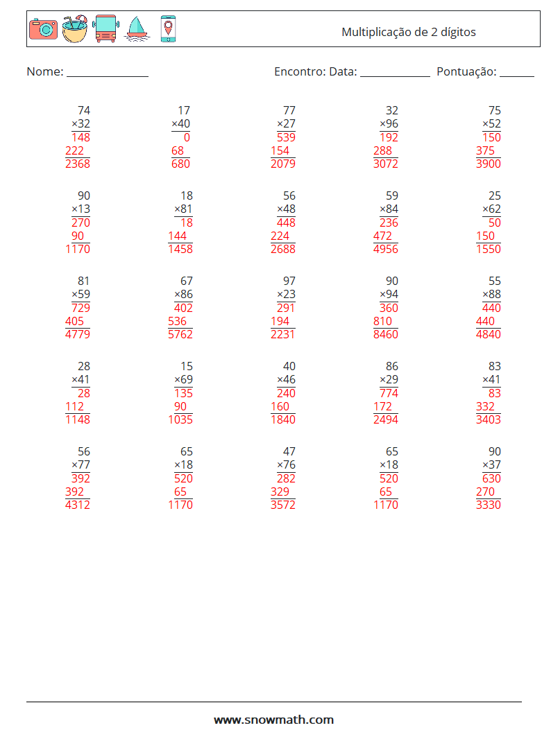 (25) Multiplicação de 2 dígitos planilhas matemáticas 10 Pergunta, Resposta