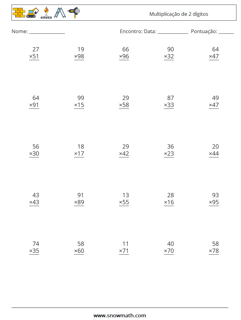 (25) Multiplicação de 2 dígitos planilhas matemáticas 11