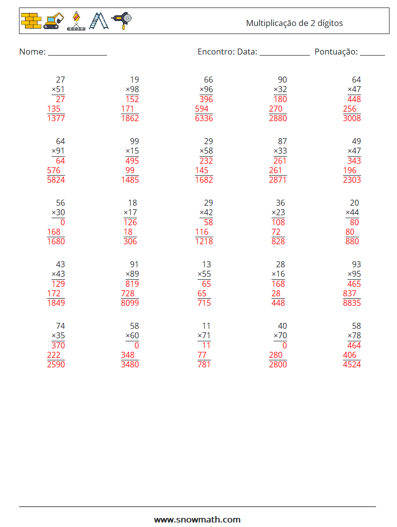 (25) Multiplicação de 2 dígitos planilhas matemáticas 11 Pergunta, Resposta