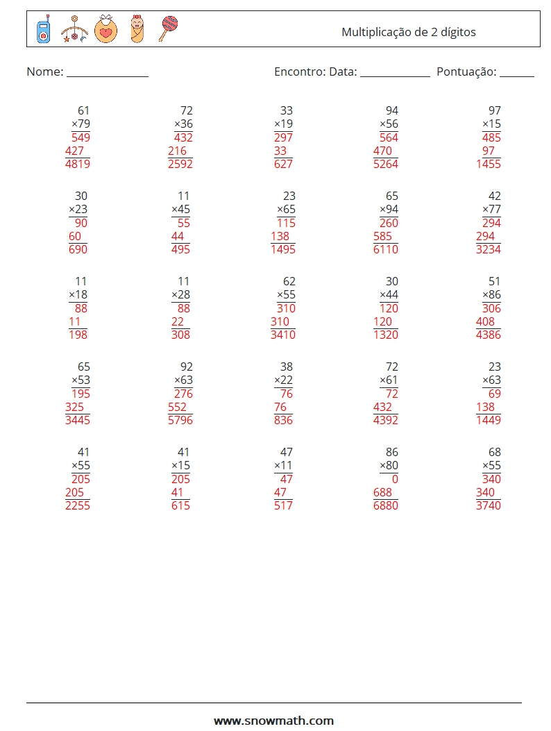 (25) Multiplicação de 2 dígitos planilhas matemáticas 13 Pergunta, Resposta