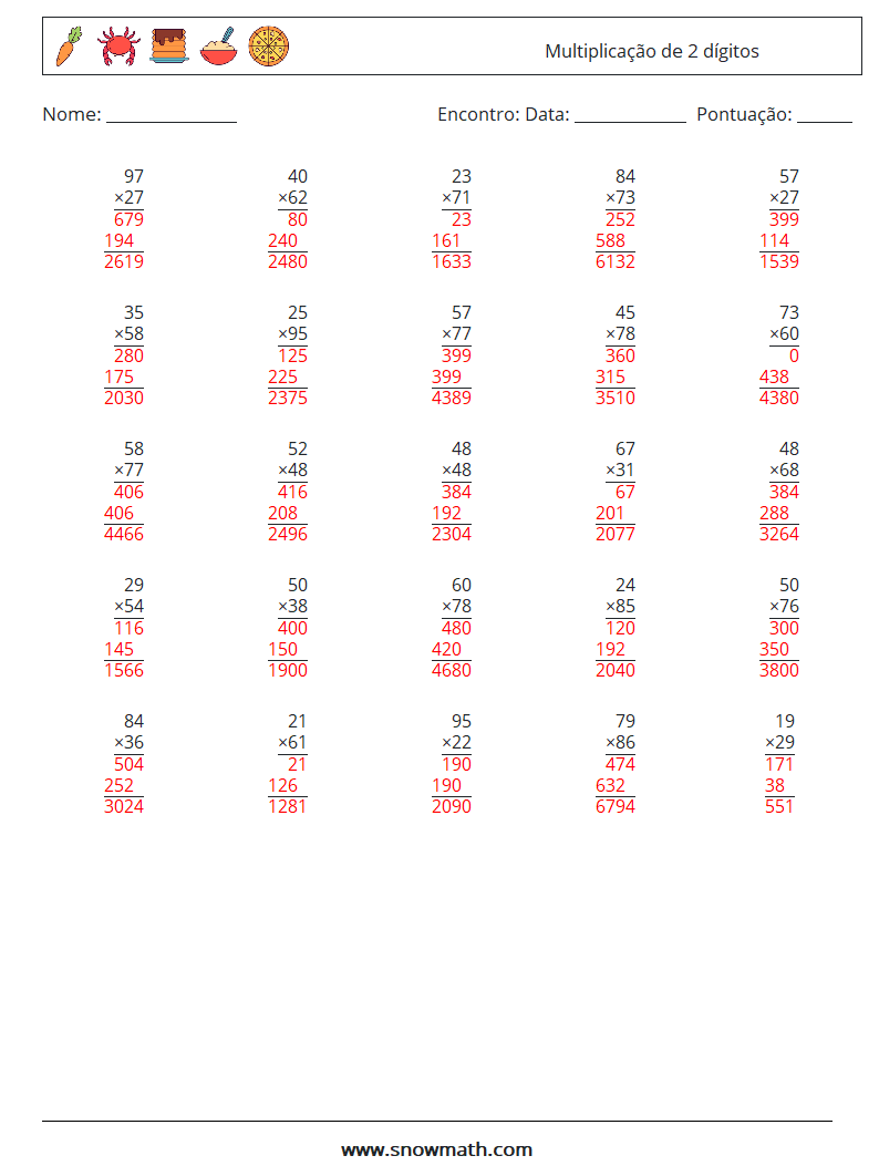 (25) Multiplicação de 2 dígitos planilhas matemáticas 14 Pergunta, Resposta