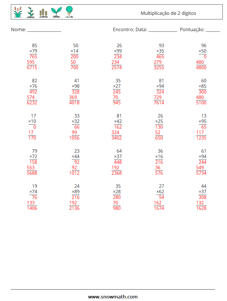 (25) Multiplicação de 2 dígitos planilhas matemáticas 16 Pergunta, Resposta