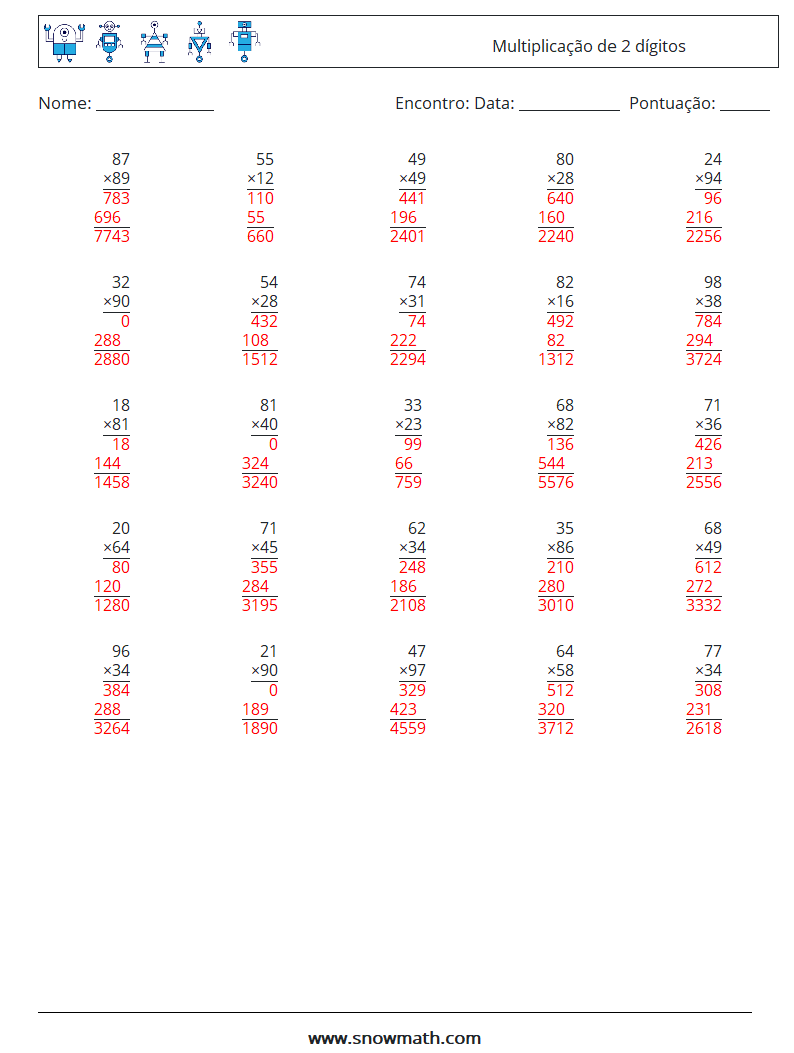 (25) Multiplicação de 2 dígitos planilhas matemáticas 17 Pergunta, Resposta