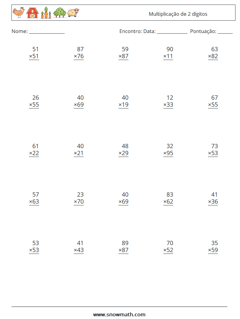 (25) Multiplicação de 2 dígitos planilhas matemáticas 18