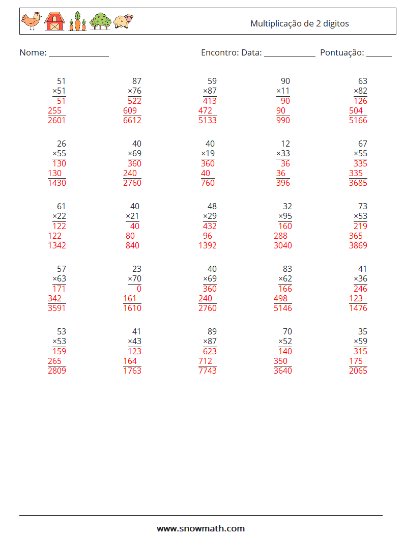 (25) Multiplicação de 2 dígitos planilhas matemáticas 18 Pergunta, Resposta