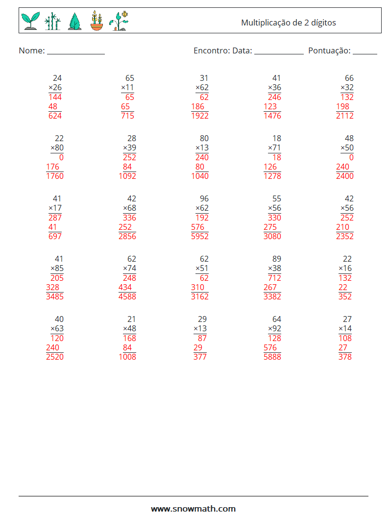 (25) Multiplicação de 2 dígitos planilhas matemáticas 1 Pergunta, Resposta