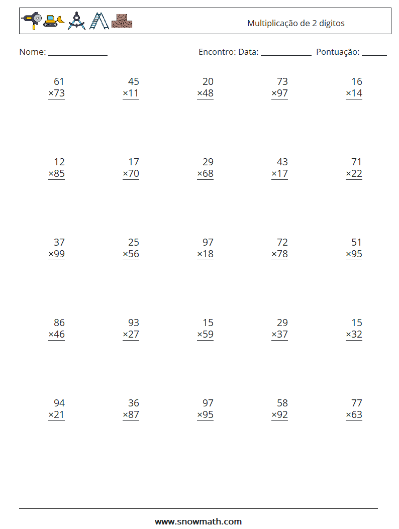 (25) Multiplicação de 2 dígitos planilhas matemáticas 2