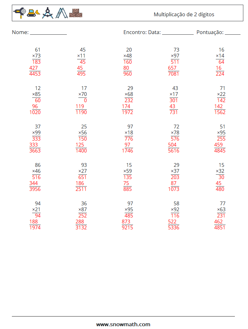 (25) Multiplicação de 2 dígitos planilhas matemáticas 2 Pergunta, Resposta