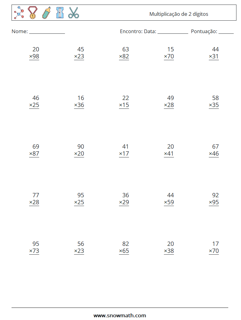 (25) Multiplicação de 2 dígitos planilhas matemáticas 3