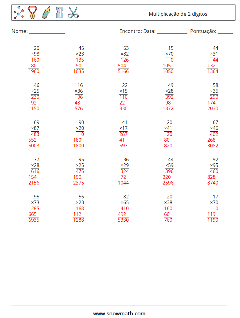 (25) Multiplicação de 2 dígitos planilhas matemáticas 3 Pergunta, Resposta