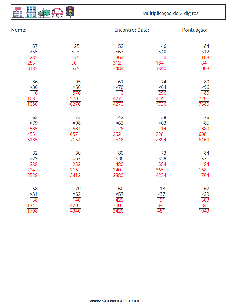 (25) Multiplicação de 2 dígitos planilhas matemáticas 4 Pergunta, Resposta