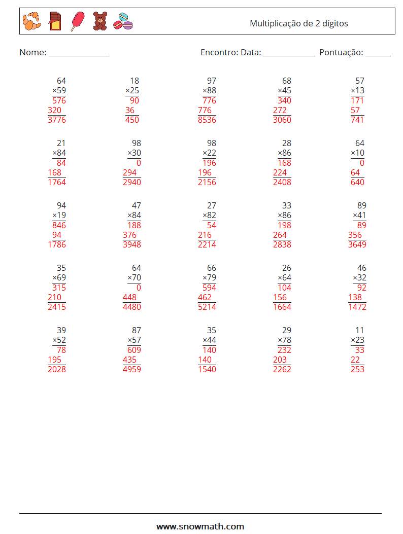 (25) Multiplicação de 2 dígitos planilhas matemáticas 5 Pergunta, Resposta