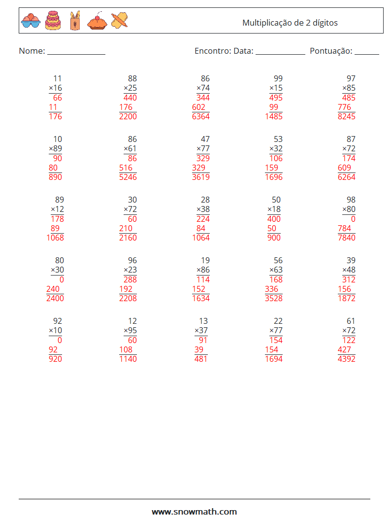 (25) Multiplicação de 2 dígitos planilhas matemáticas 6 Pergunta, Resposta