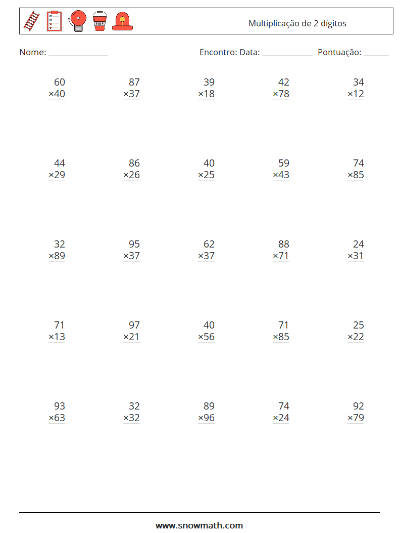 (25) Multiplicação de 2 dígitos planilhas matemáticas 7