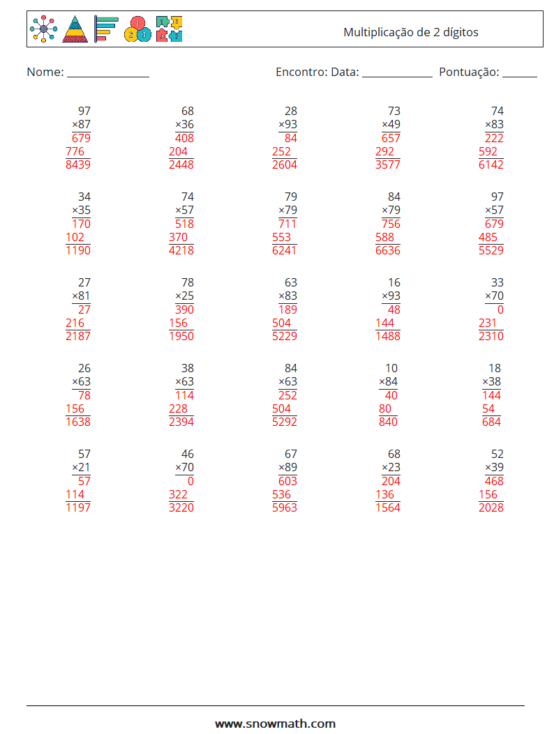 (25) Multiplicação de 2 dígitos planilhas matemáticas 8 Pergunta, Resposta