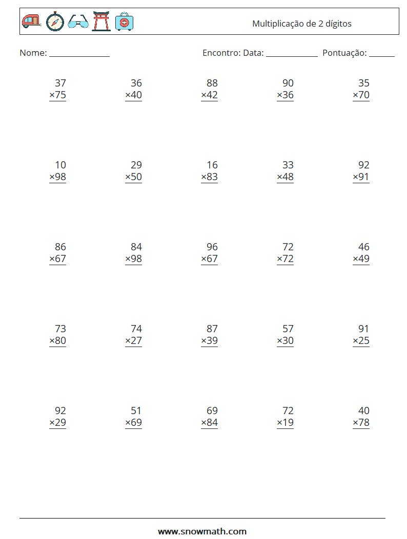 (25) Multiplicação de 2 dígitos planilhas matemáticas 9