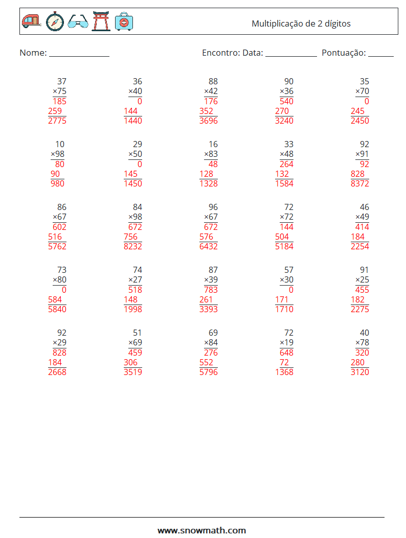 (25) Multiplicação de 2 dígitos planilhas matemáticas 9 Pergunta, Resposta